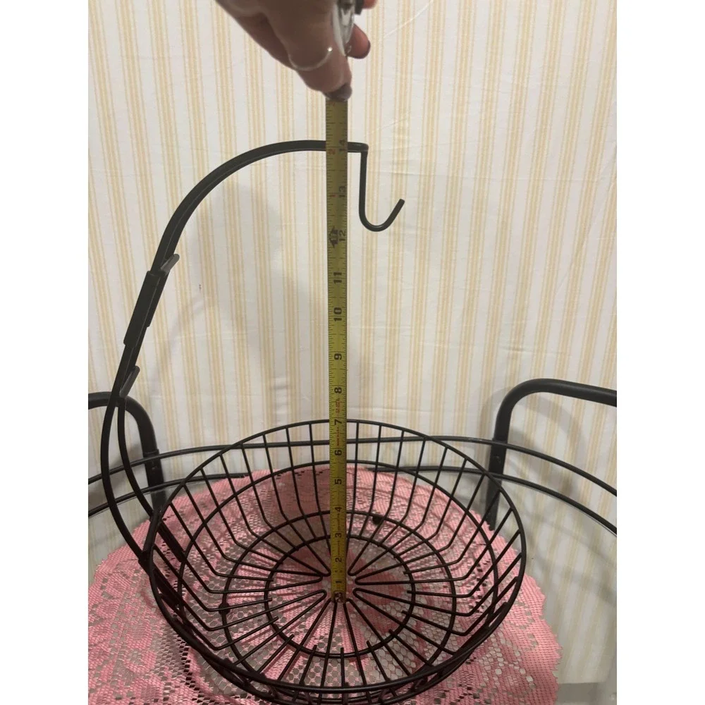 Black Metal Wire Fruit Bowl with Banana Hanger Hook Kitchen Countertop Storage